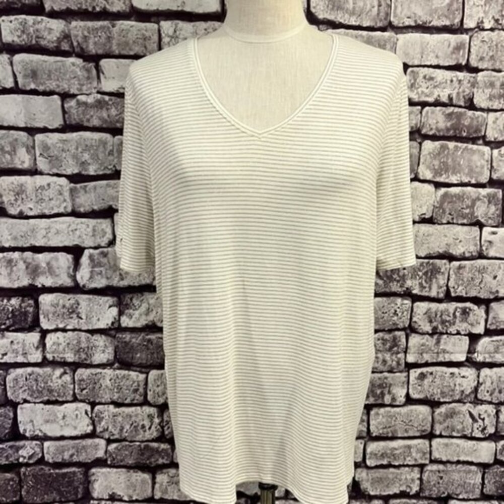 Chico's Ivory W/ Gold Metallic Striped V-Neck Short Sleeve Blouse Size XL